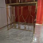 Natural Wood Veneer Tall Sideboard with Gold-Tone Stainless Steel Inlays, Glass Shelf and Geometric Open-Frame Base